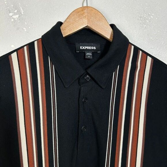 Express Striped Luxe Polo Button Up Shirt Mens M Black Short Sleeve Pique - Picture 4 of 7